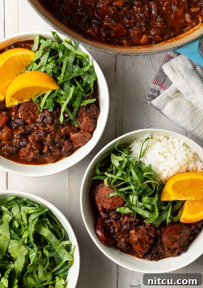 A top down view of two bowls of pork and black bean stew with orange wedges and shredded greens on top.