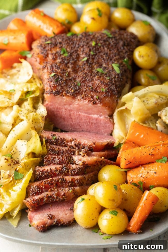 Baked corned beef recipe with cabbage and veggies.