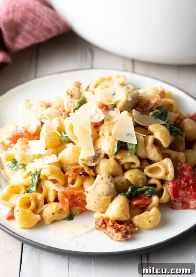 White plate with a serving of creamy chicken spinach pasta with red peppers, sun dried tomatoes, and topped with shaved parmesan cheese.