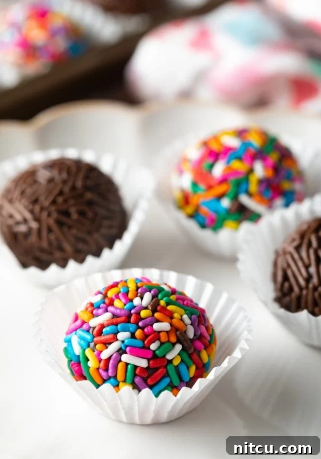 Close up of chocolate Brazilian truffles covered with chocolate and rainbow sprinkles on a plate, showcasing their rich texture and colorful decoration.