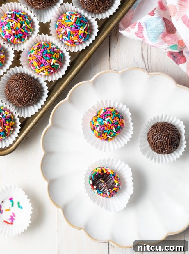 Overhead shot of perfectly formed Brazilian truffles with various colorful sprinkles neatly arranged on a plate. One truffle has a bite taken out, revealing its rich chocolate interior.