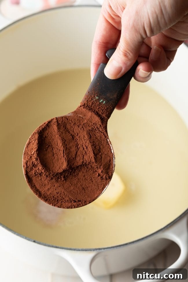 A close-up image showing the initial ingredients for brigadeiros: cocoa powder, sweetened condensed milk, and butter in a pot.