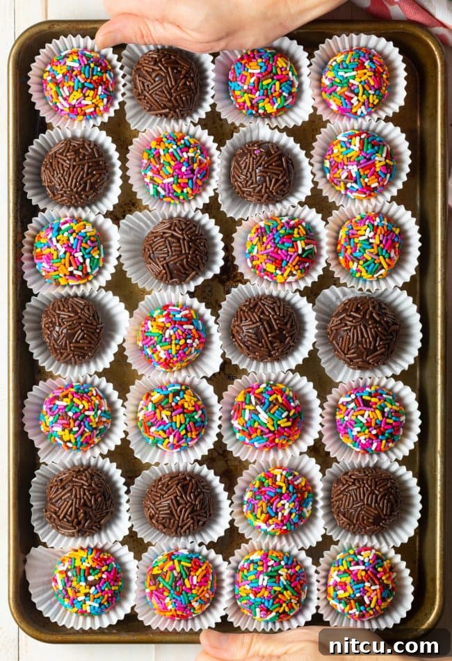Overhead view of a tray filled with various colorful chocolate brigadeiros, some with rainbow sprinkles, others with chocolate sprinkles.