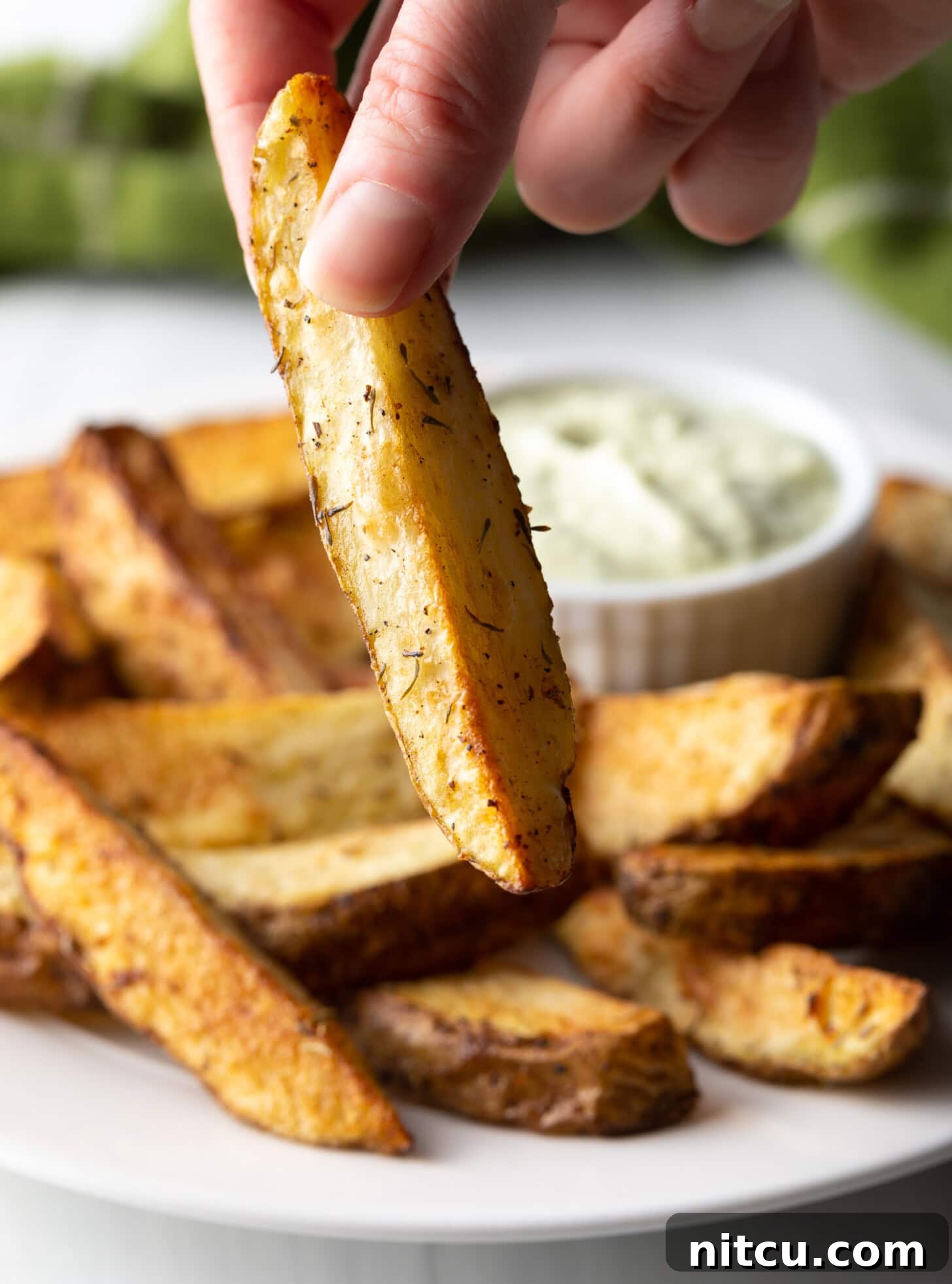 A single, perfectly golden-brown air fryer potato wedge is held delicately in a hand, showcasing its crispy exterior.