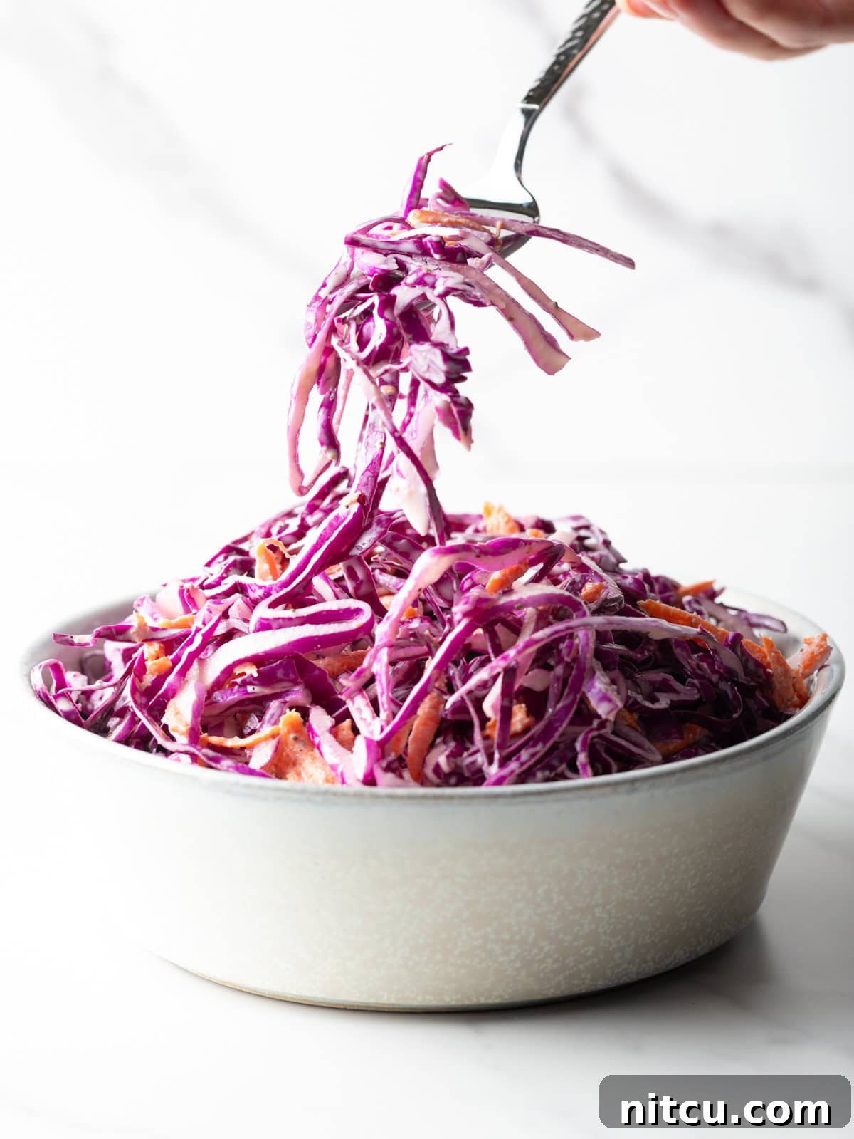 A fork is holding a bite of red cabbage slaw above a bowl of the cabbage slaw recipe.