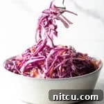 A fork is holding a bite of red cabbage slaw above a bowl of the cabbage slaw recipe.