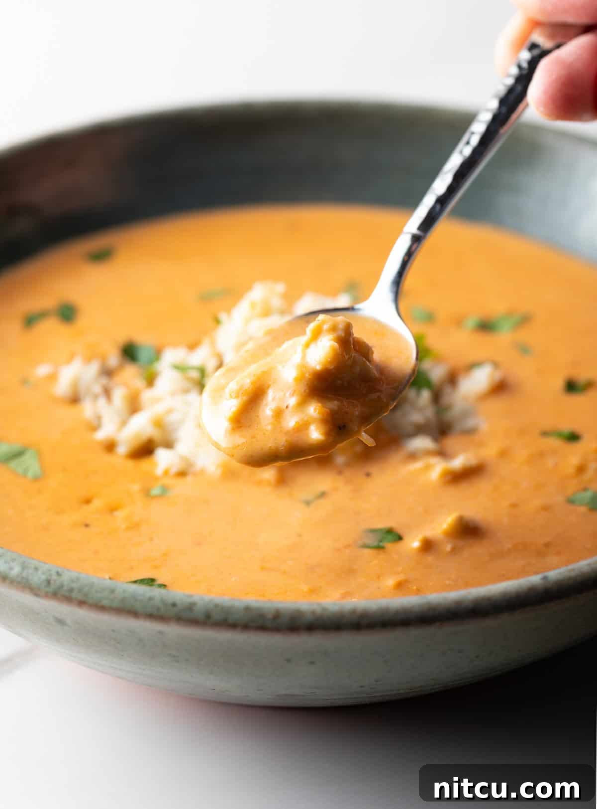 A spoon with a bite of crab bisque soup is being held over a bowl of the soup.