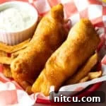 A crispy battered fried fish recipe in a paper lined basket, sitting on top of French fries.